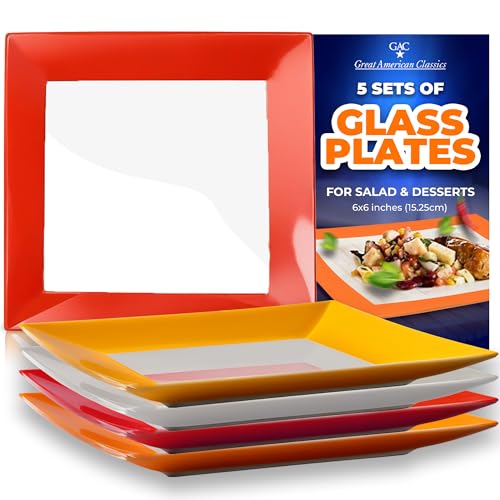 GAC Great American Classics GAC Square Glass Dinner Plates in Vibrant Red Shades  Oven  Microwave Use Dishwasher Friendly Suitable for Hot or Cold Dishes Ideal for Everyday  Special Occasions 6x6 Inches Set of 5