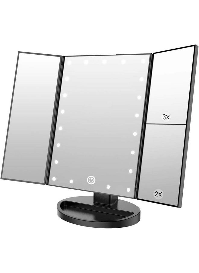 WEILY Lighted Vanity Makeup Mirror 1X2X3X Magnification Trifold With 21 Led Lights Touch Screen And Usb Charging 180 Degree Adjustable Stand For Countertop Cosmetic Makeup Mirror(Black)  - Image 1