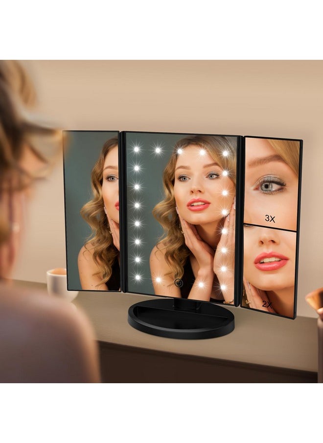 WEILY Lighted Vanity Makeup Mirror 1X2X3X Magnification Trifold With 21 Led Lights Touch Screen And Usb Charging 180 Degree Adjustable Stand For Countertop Cosmetic Makeup Mirror(Black)  - Image 2