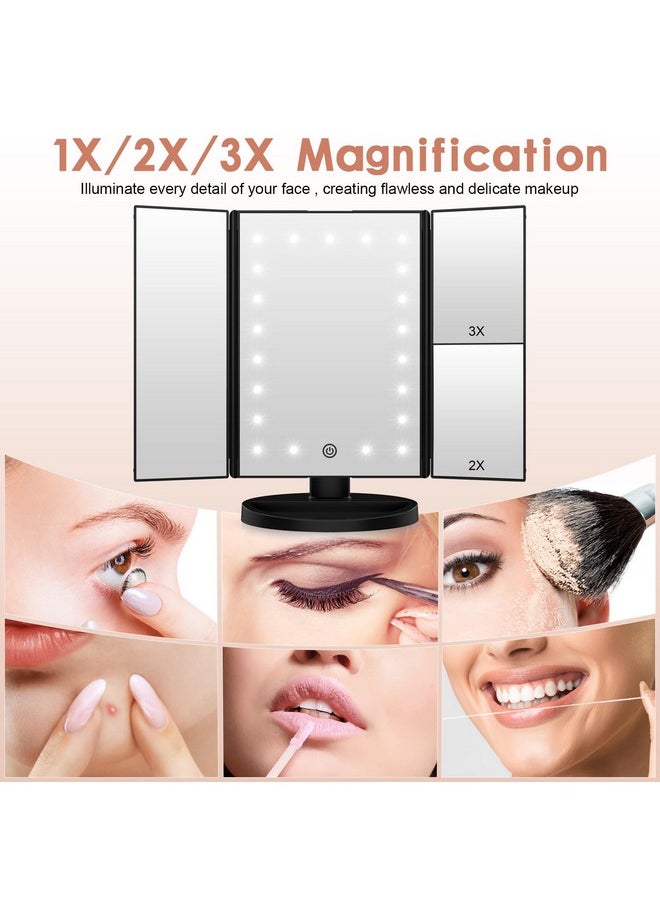 WEILY Lighted Vanity Makeup Mirror 1X2X3X Magnification Trifold With 21 Led Lights Touch Screen And Usb Charging 180 Degree Adjustable Stand For Countertop Cosmetic Makeup Mirror(Black)  - Image 3