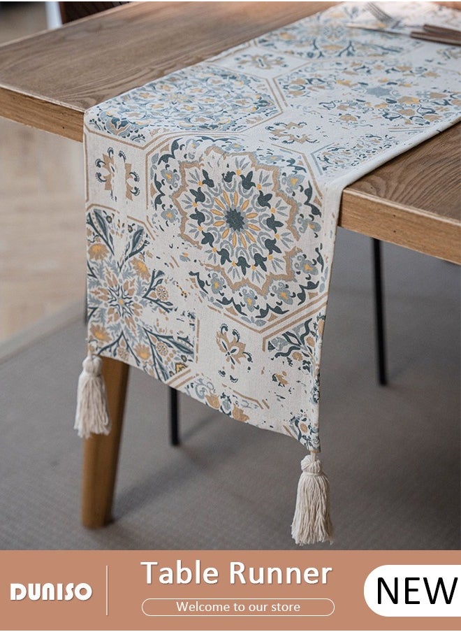DUNISO Rustic Elegant Table Runner with Tassels, Boho Farmhouse Table Runners,Wrinkle Free Gorgeous Table Runner, Vintage Printing Table Centerpieces for Holiday Party, Wedding and Dining Table Decor  - Image 1