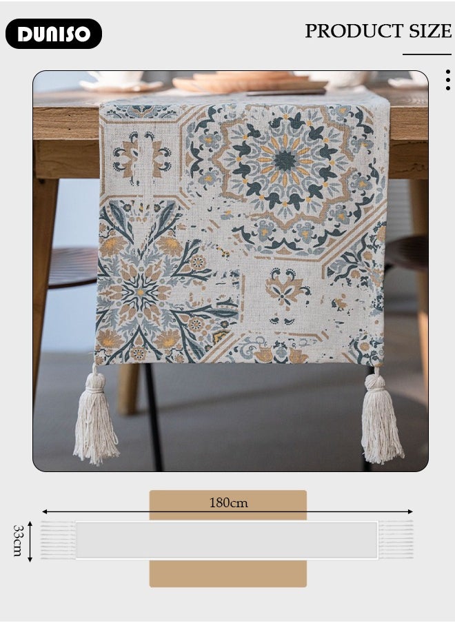 DUNISO Rustic Elegant Table Runner with Tassels, Boho Farmhouse Table Runners,Wrinkle Free Gorgeous Table Runner, Vintage Printing Table Centerpieces for Holiday Party, Wedding and Dining Table Decor  - Image 4
