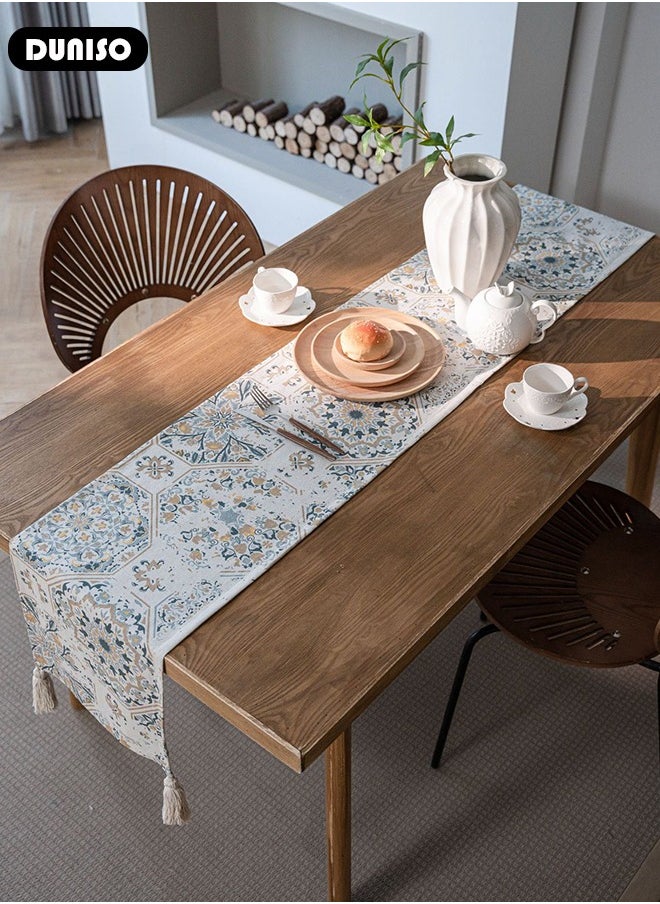DUNISO Rustic Elegant Table Runner with Tassels, Boho Farmhouse Table Runners,Wrinkle Free Gorgeous Table Runner, Vintage Printing Table Centerpieces for Holiday Party, Wedding and Dining Table Decor  - Image 5