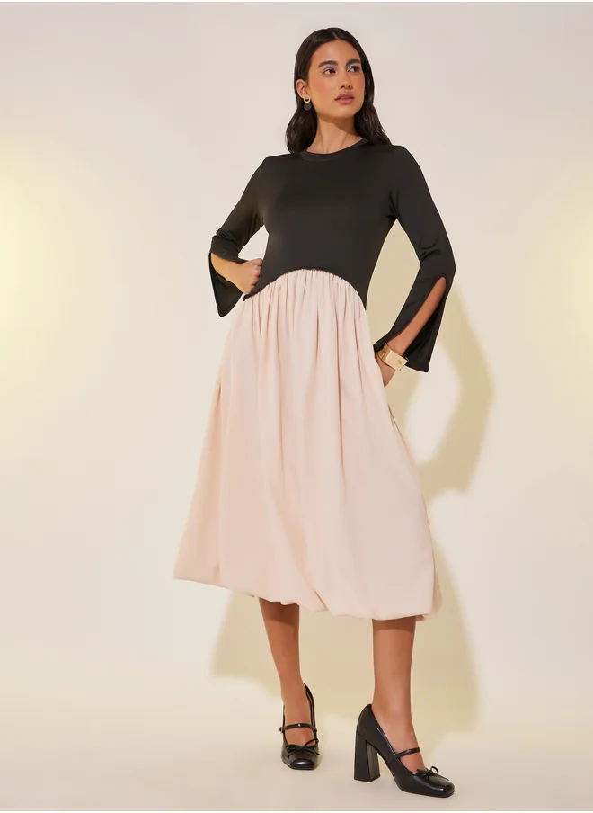 Styli Solid Long Sleeve Twofer A-Line Knee-Length Dress