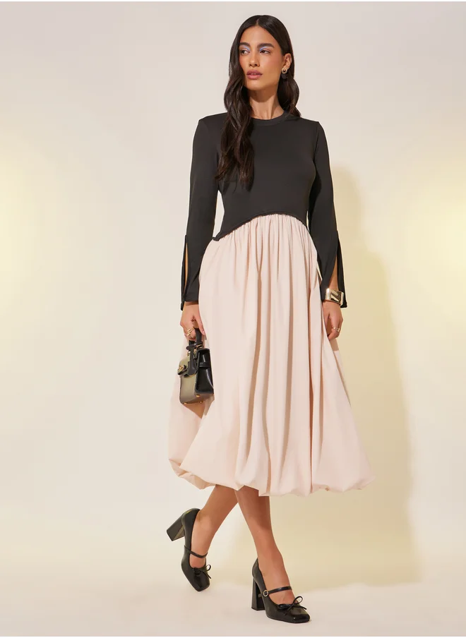 Styli Solid Long Sleeve Twofer A-Line Knee-Length Dress