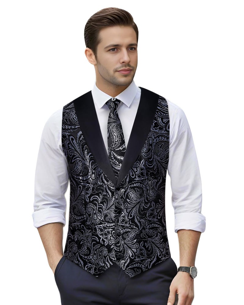 DiBanGu Mens Paisley Suit Vest Silk Jacquard Waistcoat and Necktie Set Formal Shawl Collar Dress Vest 7PCS for Wedding Party, Black Silver, X-Large - Image 2