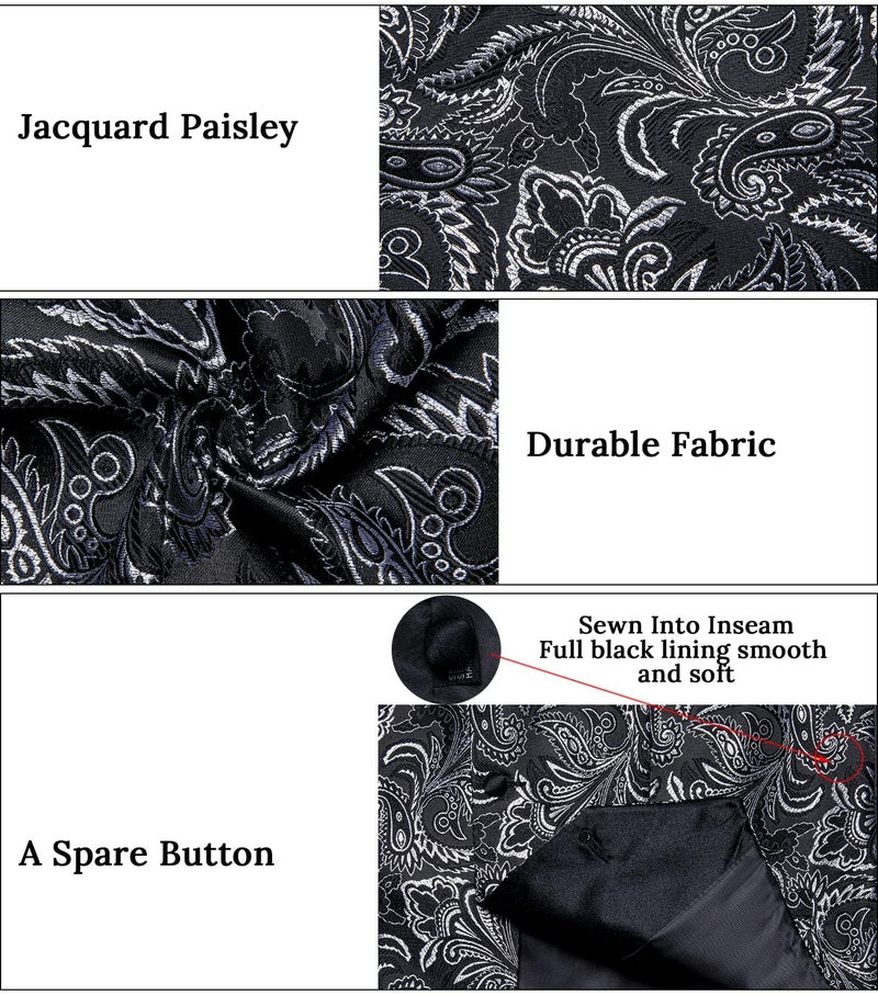 DiBanGu Mens Paisley Suit Vest Silk Jacquard Waistcoat and Necktie Set Formal Shawl Collar Dress Vest 7PCS for Wedding Party, Black Silver, X-Large - Image 5
