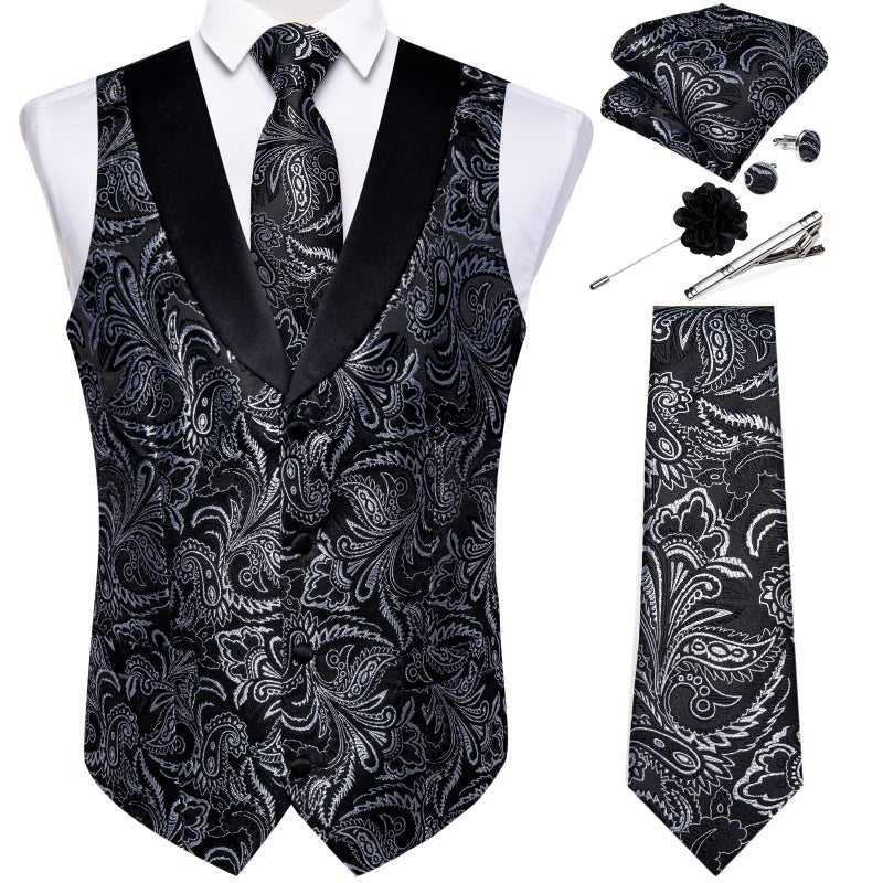 DiBanGu Mens Paisley Suit Vest Silk Jacquard Waistcoat and Necktie Set Formal Shawl Collar Dress Vest 7PCS for Wedding Party, Black Silver, X-Large - Image 1