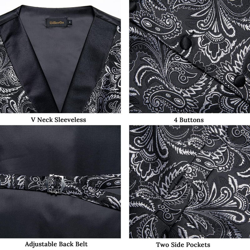 DiBanGu Mens Paisley Suit Vest Silk Jacquard Waistcoat and Necktie Set Formal Shawl Collar Dress Vest 7PCS for Wedding Party, Black Silver, X-Large - Image 4