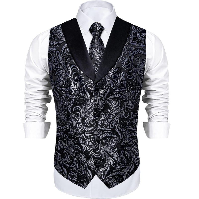 DiBanGu Mens Paisley Suit Vest Silk Jacquard Waistcoat and Necktie Set Formal Shawl Collar Dress Vest 7PCS for Wedding Party, Black Silver, X-Large - Image 3