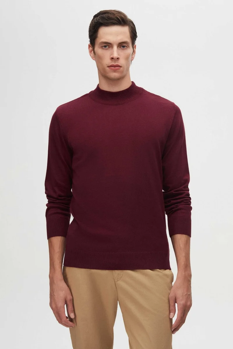 D'S DAMAT Ds Damat Regular Fit Burgundy Cotton Blend Half Turtleneck Knit Sweater