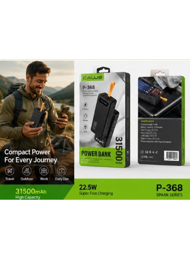 CALUS P-368 Power Bank 31500mAh High Capacity Portable Charger with Built-in Type-C, Lightning, Micro USB Cables and LED Display Black - Image 4