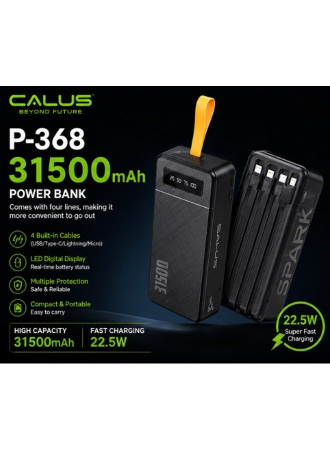 CALUS P-368 Power Bank 31500mAh High Capacity Portable Charger with Built-in Type-C, Lightning, Micro USB Cables and LED Display Black - Image 3
