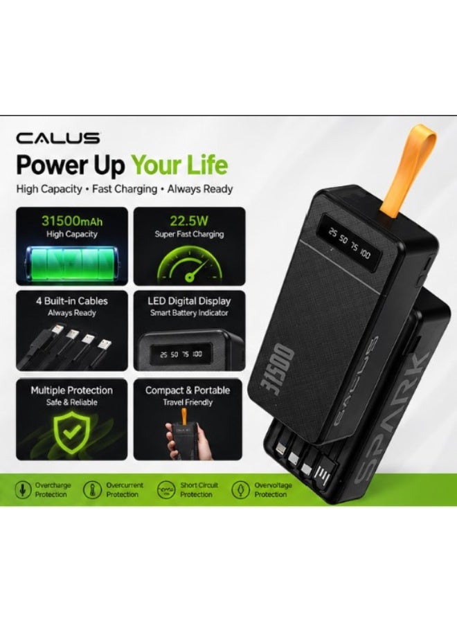 CALUS P-368 Power Bank 31500mAh High Capacity Portable Charger with Built-in Type-C, Lightning, Micro USB Cables and LED Display Black - Image 1
