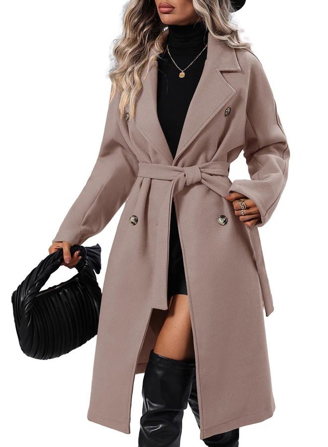 SAUKOLE Women's Trendy Lapel Collar Double Breasted Wool Blend Coats Winter Pea Overcoat Pocketed Outwear with Belt, Kpink, M - Image 1