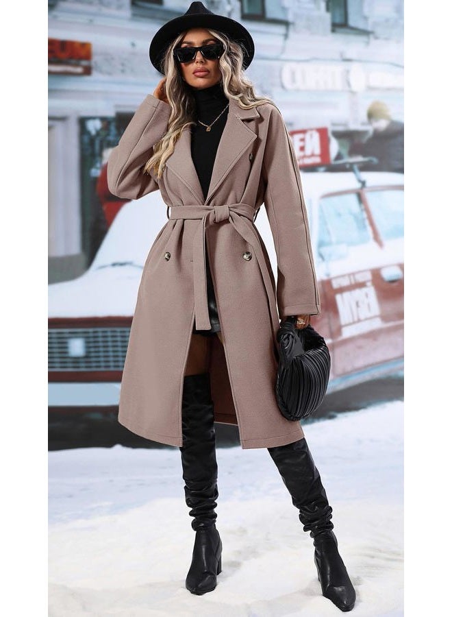 SAUKOLE Women's Trendy Lapel Collar Double Breasted Wool Blend Coats Winter Pea Overcoat Pocketed Outwear with Belt, Kpink, M - Image 4
