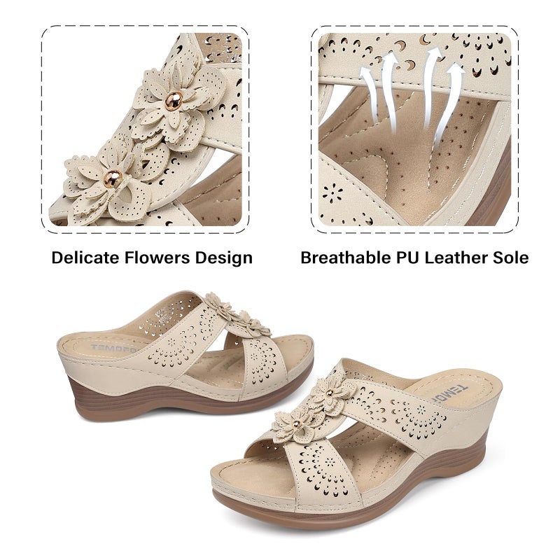 TEMOFON Womens Wedge Sandals Leather: Casual Dressy Women Beige Summer Platform Wedge Sandals Slip on Low Heels Comfortable Walking Size 8.5 - Image 4