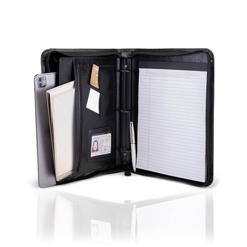 Travigo 3-Ring Zipper Portfolio Binder | 1.25" Faux Leather Padfolio with Zipper for Women & Men | Professional Business Portfolio Folder with Writing Pad, Gusseted File Pocket, ID Window (Black) - Image 1