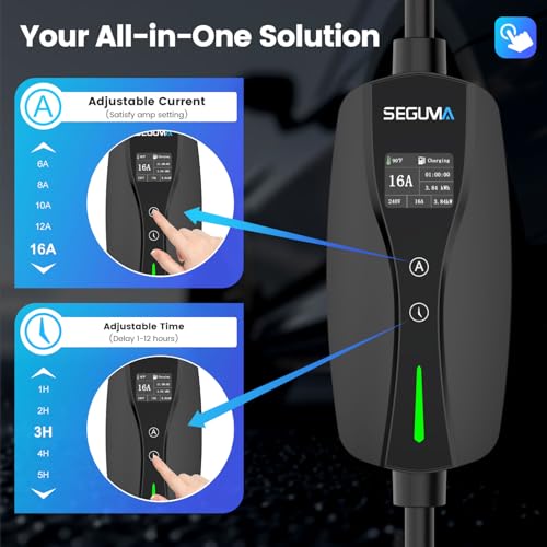 SEGUMA Level 1/2 EV Charger, 16Amp Adjustable Current Electric Car Charger NEMA 5-15 Plug/NEMA 6-20 Adapter, Timing Delay & LED Display 25FT Cable Portable EV Charging Station for J1772 BEVs/PHEVs 110V-240V - Image 3