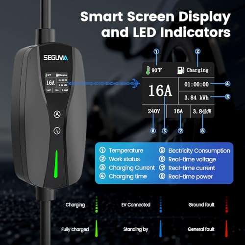 SEGUMA Level 1/2 EV Charger, 16Amp Adjustable Current Electric Car Charger NEMA 5-15 Plug/NEMA 6-20 Adapter, Timing Delay & LED Display 25FT Cable Portable EV Charging Station for J1772 BEVs/PHEVs 110V-240V - Image 4