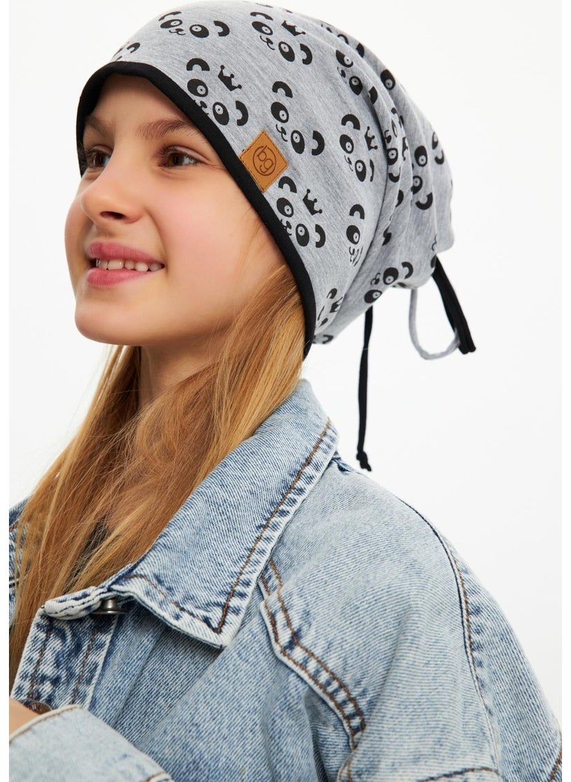 Babygiz Gray Girl's Panda Patterned Beret Neck Collar Set Soft Double Layer 100% Natural Cotton Combed Cotton  - Image 2