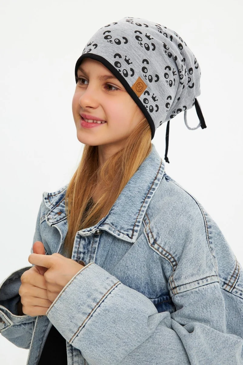 بيبيجيز Gray Girl's Panda Patterned Beret Neck Collar Set Soft Double Layer 100% Natural Cotton Combed Cotton