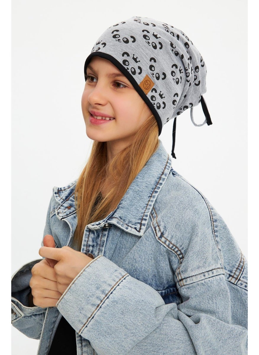 Babygiz Gray Girl's Panda Patterned Beret Neck Collar Set Soft Double Layer 100% Natural Cotton Combed Cotton  - Image 3