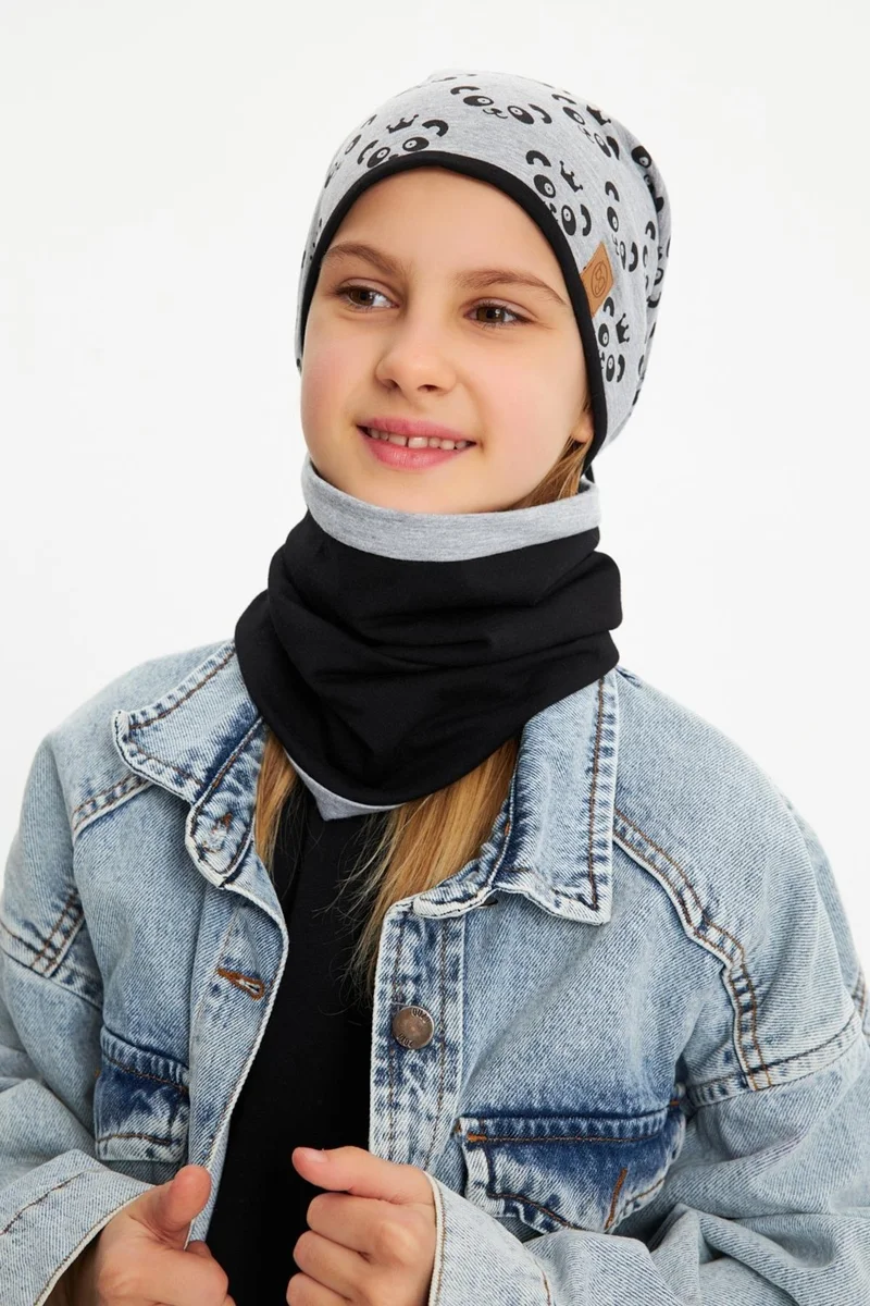 بيبيجيز Gray Girl's Panda Patterned Beret Neck Collar Set Soft Double Layer 100% Natural Cotton Combed Cotton
