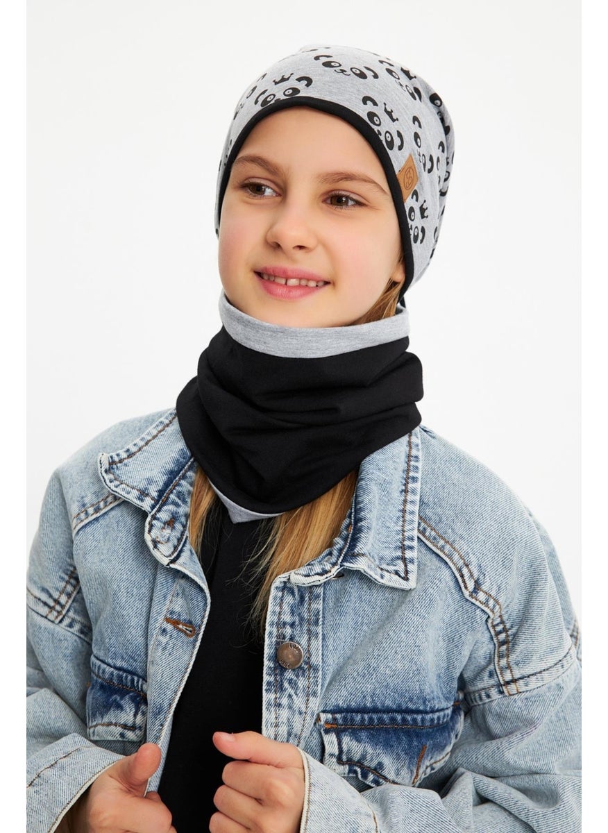 Babygiz Gray Girl's Panda Patterned Beret Neck Collar Set Soft Double Layer 100% Natural Cotton Combed Cotton  - Image 5