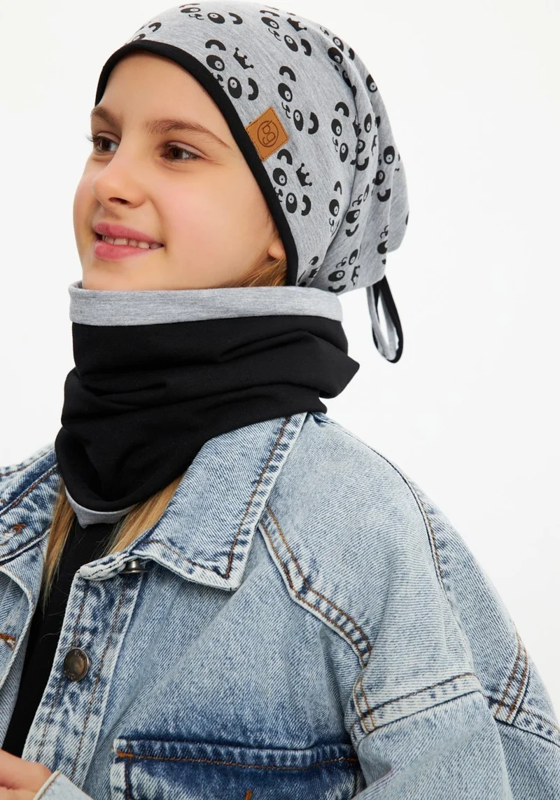 بيبيجيز Gray Girl's Panda Patterned Beret Neck Collar Set Soft Double Layer 100% Natural Cotton Combed Cotton