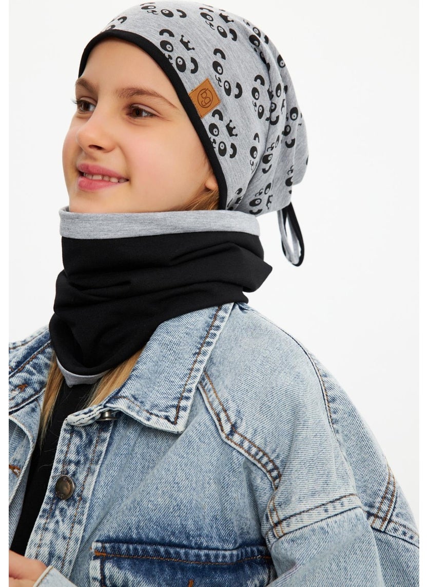 Babygiz Gray Girl's Panda Patterned Beret Neck Collar Set Soft Double Layer 100% Natural Cotton Combed Cotton  - Image 4