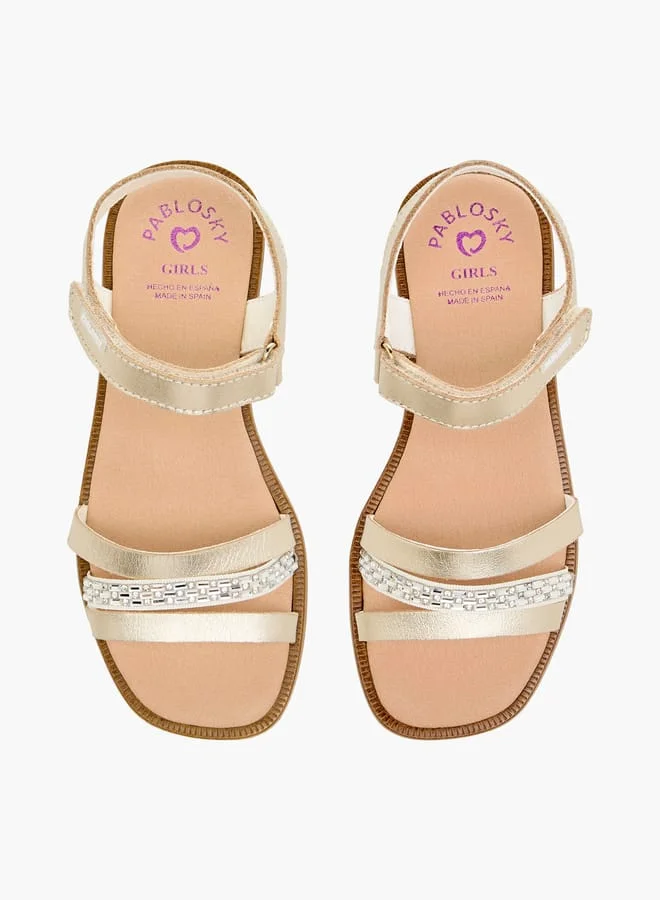 Pablosky Girls' Stone Embellished Sandals with Hook and Loop Closure