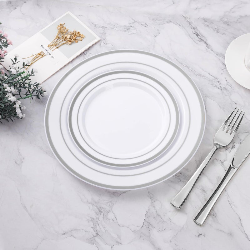 BESTVIP 50PCS Silver Plastic Plate  10.25 Inch Disposable Dinner Plate Party with Silver Rim  Heavy Duty Disposable Plastic Plates for Party  Wedding and Birthday - Image 5