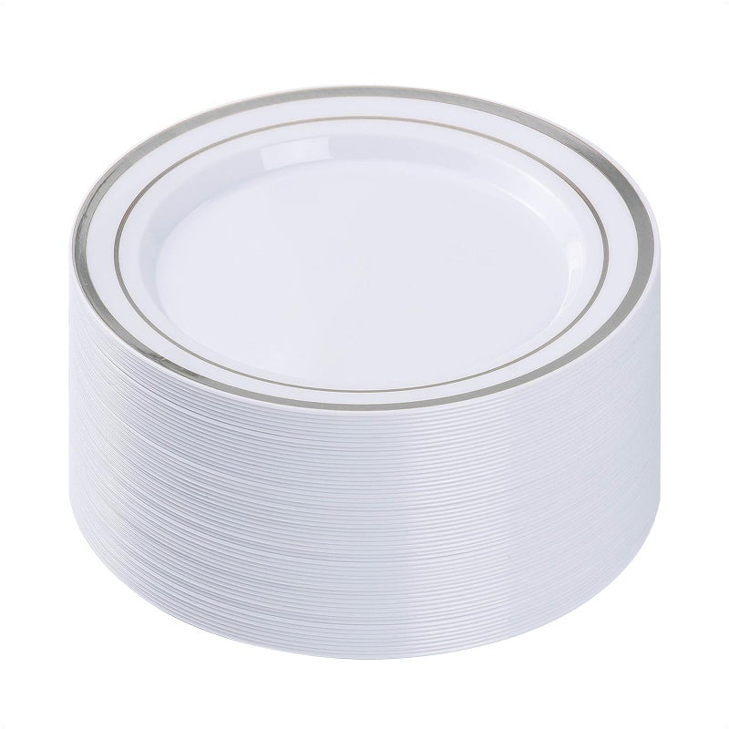 BESTVIP 50PCS Silver Plastic Plate  10.25 Inch Disposable Dinner Plate Party with Silver Rim  Heavy Duty Disposable Plastic Plates for Party  Wedding and Birthday - Image 1