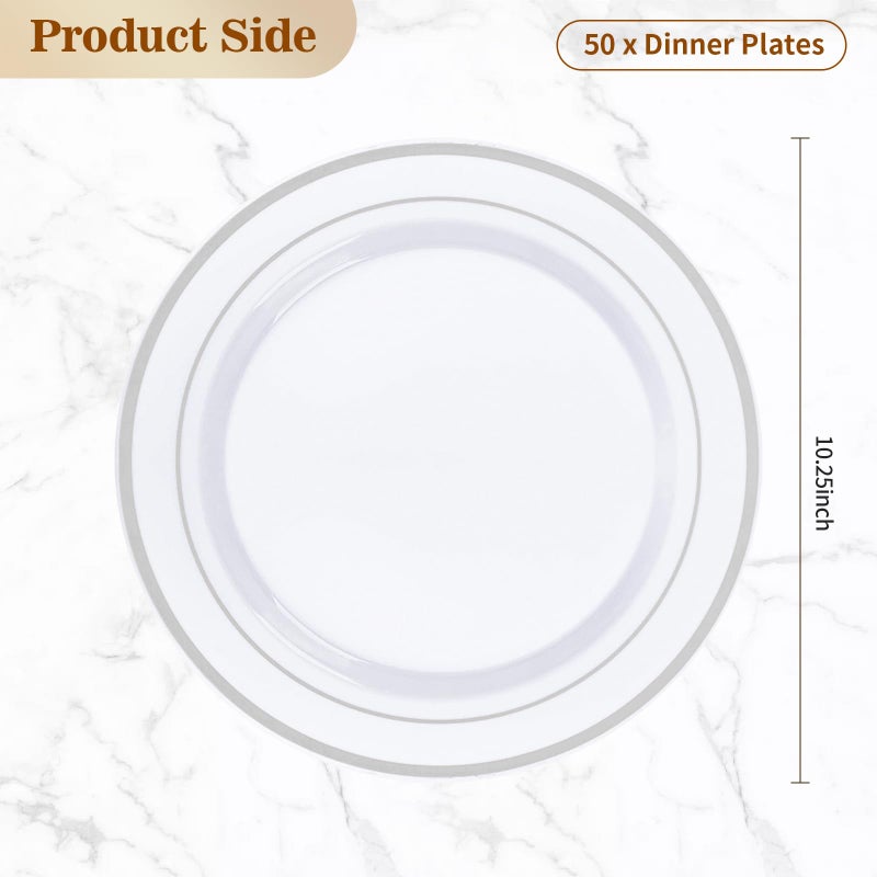 BESTVIP 50PCS Silver Plastic Plate  10.25 Inch Disposable Dinner Plate Party with Silver Rim  Heavy Duty Disposable Plastic Plates for Party  Wedding and Birthday - Image 4