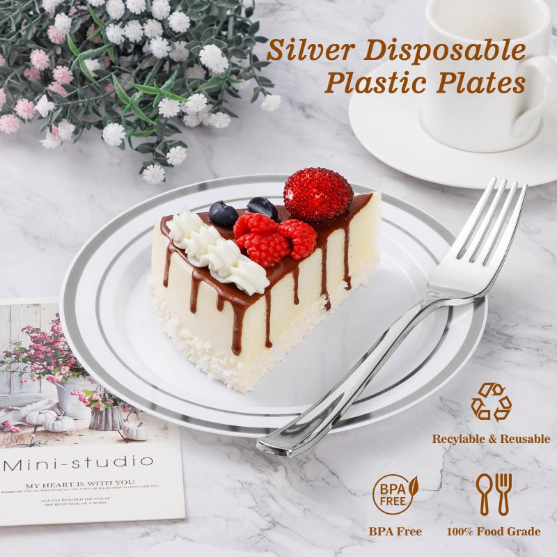 BESTVIP 50PCS Silver Plastic Plate  10.25 Inch Disposable Dinner Plate Party with Silver Rim  Heavy Duty Disposable Plastic Plates for Party  Wedding and Birthday - Image 2