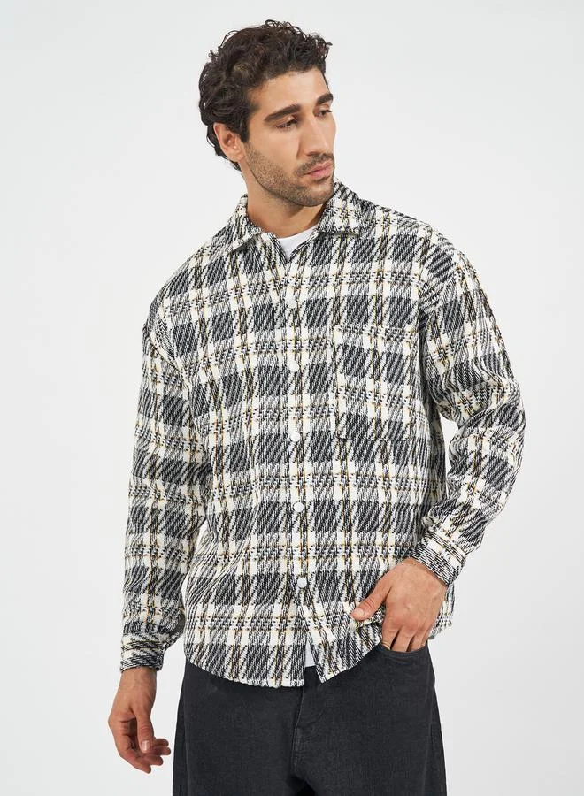 Styli Oversized Check Tweed Shacket with Big Button Placket