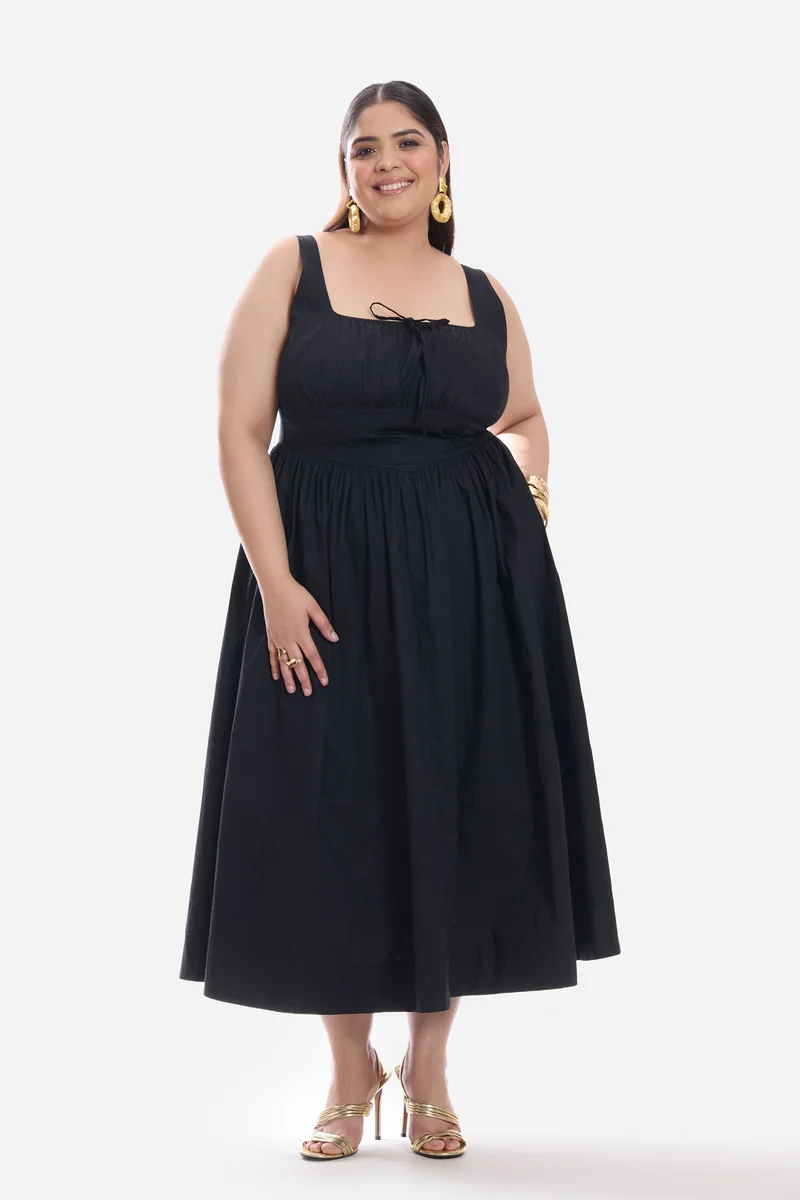 فيرجيو Solid Cotton Corset Waist Basque Midi Plus Size Dress for Women