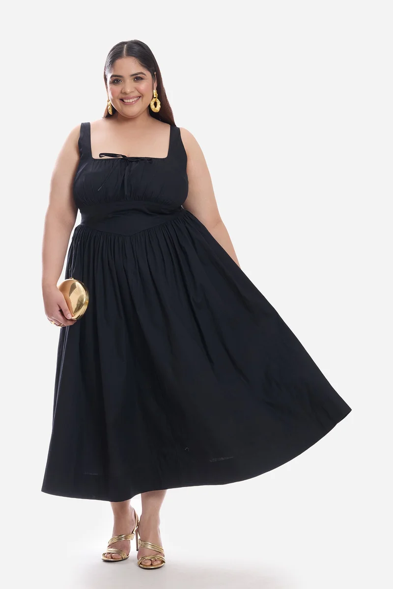 فيرجيو Solid Cotton Corset Waist Basque Midi Plus Size Dress for Women