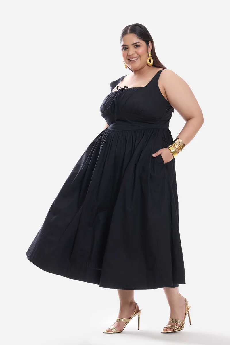 Virgio  Solid Cotton Corset Waist Basque Midi Plus Size Dress for Women for Women | Best Price UAE