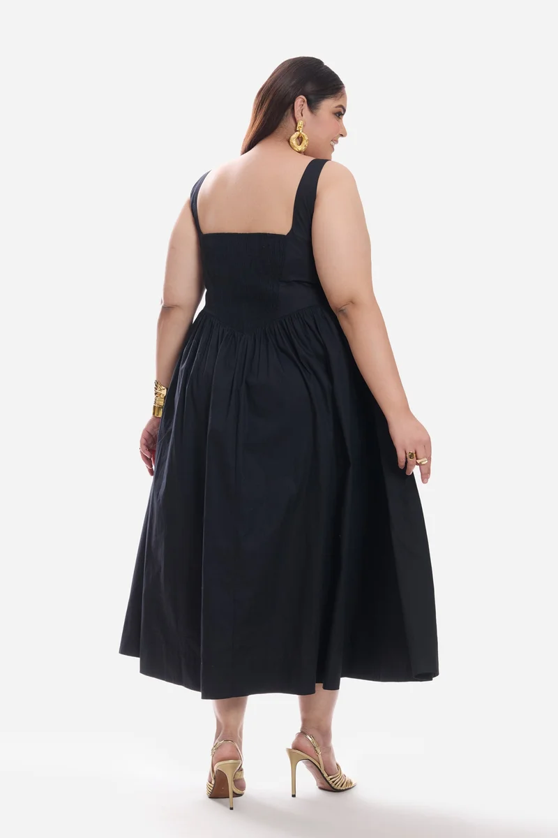Virgio  Solid Cotton Corset Waist Basque Midi Plus Size Dress for Women for Women | Best Price UAE