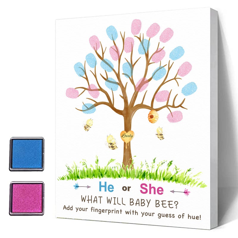 Misaidou Gender Reveal Fingerprint Tree Canvas Decoration Gender Reveal Party Bee Baby Shower Guest Book Party Ideas Baby Shower Guest Book with Ink Pad