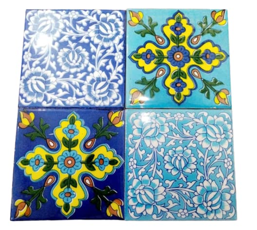 Craft Park Blue Pottery Ceramic Floral Design Handmade WallFloor Tiles Pack of 4