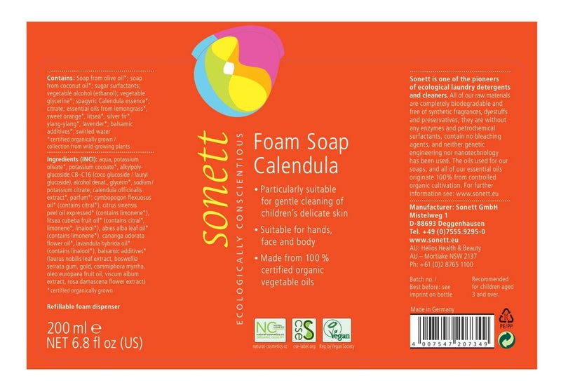 Sonett Organic Foam Soap Calendula for children liquid body care suitable for hands, face and body (1 Count) Certified Organically Grown - Image 2