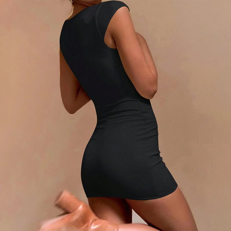 Women's Knit Bodycon Dress with Square Neck, Black - Image 2