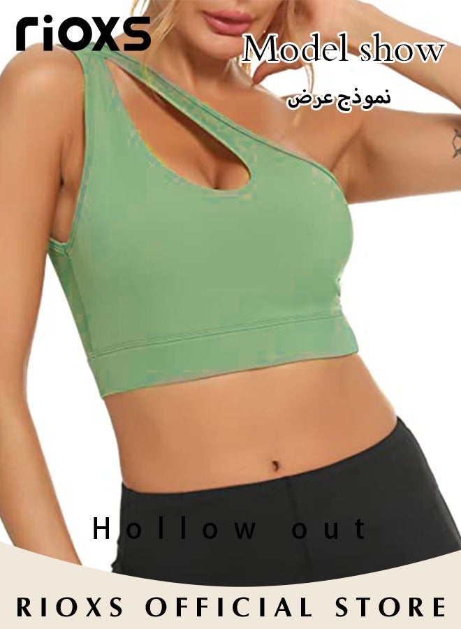 ريوكس حمالة صدر رياضية نسائية بكتف واحد، حمالات صدر يوغا مبطنة بدون أسلاك للسيدات، حمالة صدر رياضية متوسطة الدعم قابلة للتنفس بنمط هالتر، قمصان قصيرة غير متناظرة بكتف واحد للركض واليوغا وركوب الدراجات والبولينج والتنس والمزيد، خضراء - Image 4
