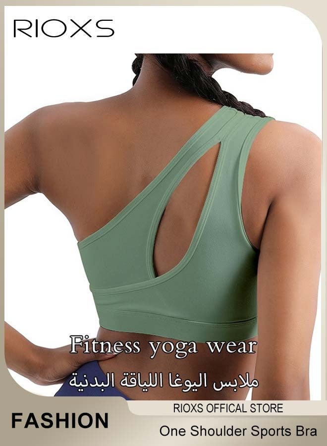 ريوكس حمالة صدر رياضية نسائية بكتف واحد، حمالات صدر يوغا مبطنة بدون أسلاك للسيدات، حمالة صدر رياضية متوسطة الدعم قابلة للتنفس بنمط هالتر، قمصان قصيرة غير متناظرة بكتف واحد للركض واليوغا وركوب الدراجات والبولينج والتنس والمزيد، خضراء - Image 3