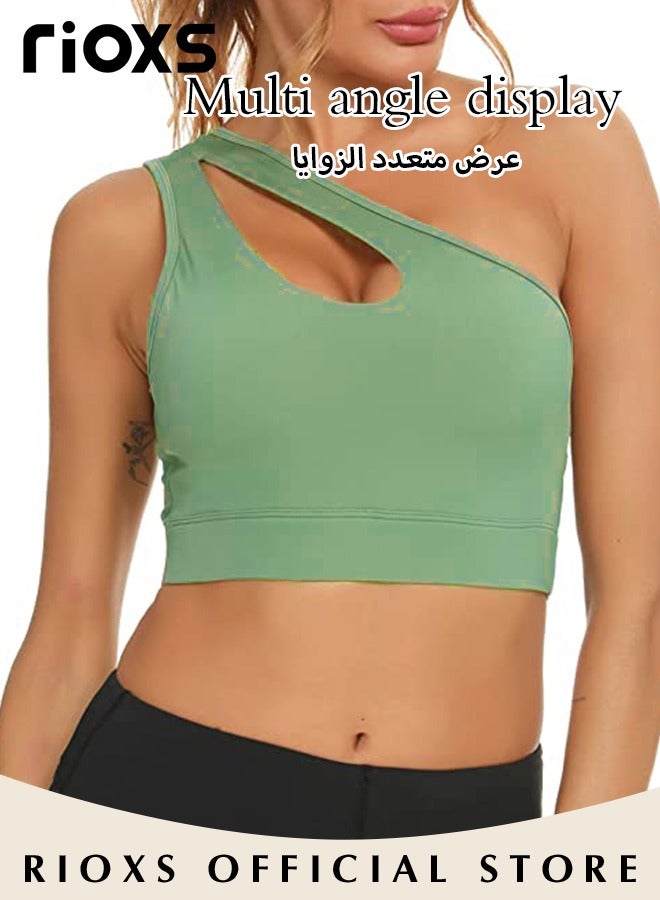 ريوكس حمالة صدر رياضية نسائية بكتف واحد، حمالات صدر يوغا مبطنة بدون أسلاك للسيدات، حمالة صدر رياضية متوسطة الدعم قابلة للتنفس بنمط هالتر، قمصان قصيرة غير متناظرة بكتف واحد للركض واليوغا وركوب الدراجات والبولينج والتنس والمزيد، خضراء - Image 1