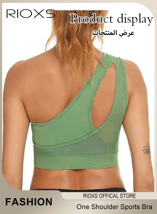 ريوكس حمالة صدر رياضية نسائية بكتف واحد، حمالات صدر يوغا مبطنة بدون أسلاك للسيدات، حمالة صدر رياضية متوسطة الدعم قابلة للتنفس بنمط هالتر، قمصان قصيرة غير متناظرة بكتف واحد للركض واليوغا وركوب الدراجات والبولينج والتنس والمزيد، خضراء - Image 2