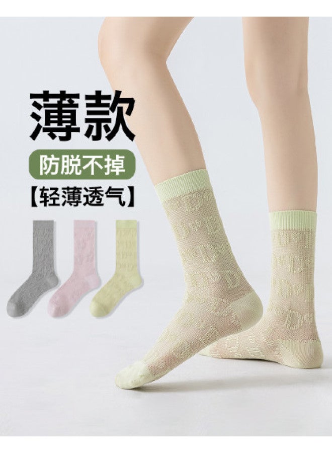 Fenton Lightweight Breathable Mesh Solid Color Socks For Women, New Mid-calf Summer Thin Knit Trendy Ladies' Socks - Image 1